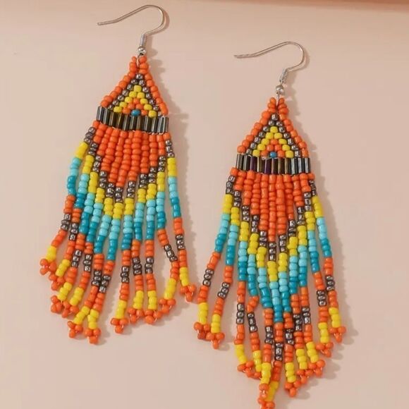 Native American-Style Beaded Tassel Fashion Earrings Orange - Picture 4 of 10